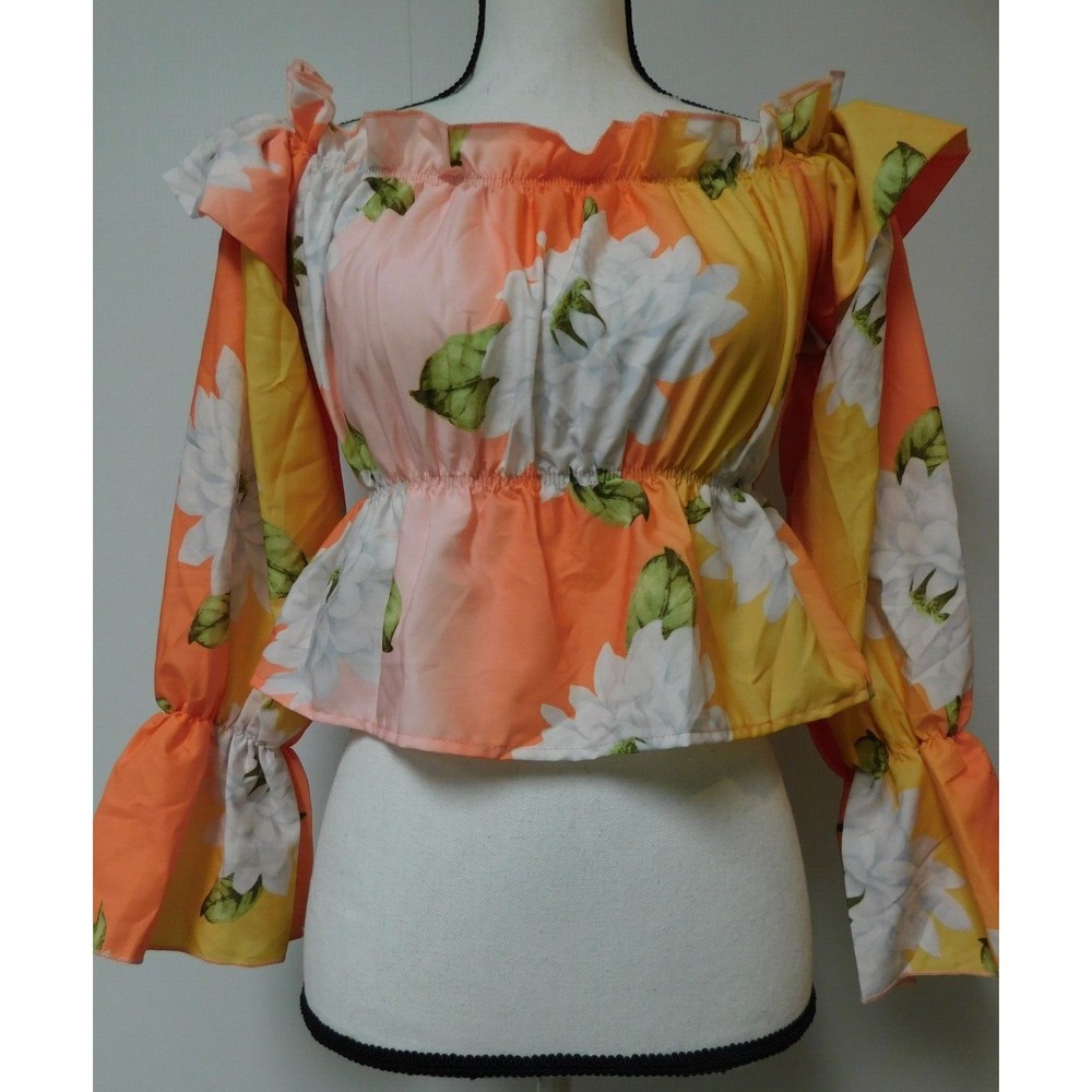 Chic‎ Me Crop Floral  Ruffled Blouse Shirt Top Boho Hippie   Large